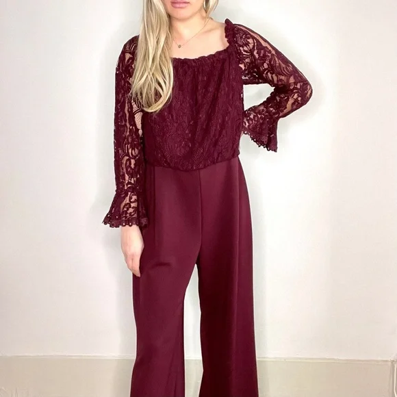 Adrianna Papell Burgundy Lace Long Sleeve Jumpsuit - Picture 2 of 13
